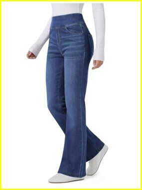 Women's High Waisted Flared Stretchy Pull On Denim Jeans with Pockets